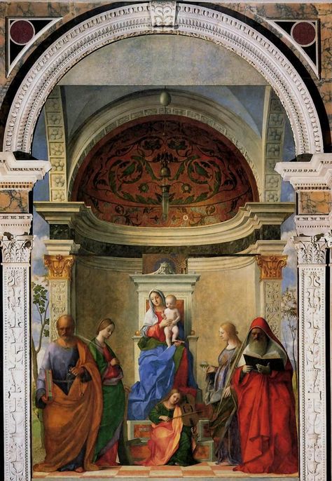 The San Zaccaria Altarpiece (also called Madonna Enthroned with Child and Saints) is a painting by the Italian Renaissance painter Giovanni Bellini, executed in 1505 and located in the church of San Zaccaria, Venice. Christian Symbolism, Giovanni Bellini, Art Alevel, Angel Gabriel, Visit Venice, Venice Travel, Italian Painters, Caravaggio, Medieval Art