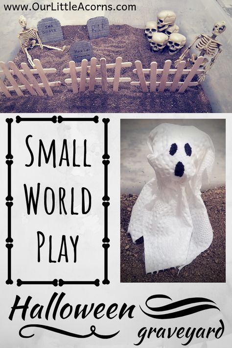 Give your kids some spooky fun with this small world Halloween graveyard. Dollar Tree items and dirt make this activity easy to set up. Happy haunting! Halloween Small World Play, Homeschool Holidays, Halloween Graveyard, Fun Halloween Crafts, Halloween Preschool, Small World Play, Halloween School, Preschool Learning Activities, Halloween Activities