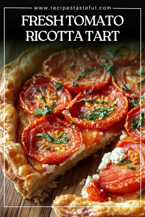 This savory tart features layers of fresh tomatoes and a creamy ricotta mixture, all nestled in a flaky puff pastry crust. Perfect as an appetizer or a light summer meal, it’s best enjoyed warm, garnished with fresh basil. Tomato Tart Puff Pastry, Xmas Brunch, Ricotta Tart, Light Summer Meals, Puff Pastry Crust, Puff Pastry Tart, Pizza Flatbread, Tomato Tart, Tomato Sandwich