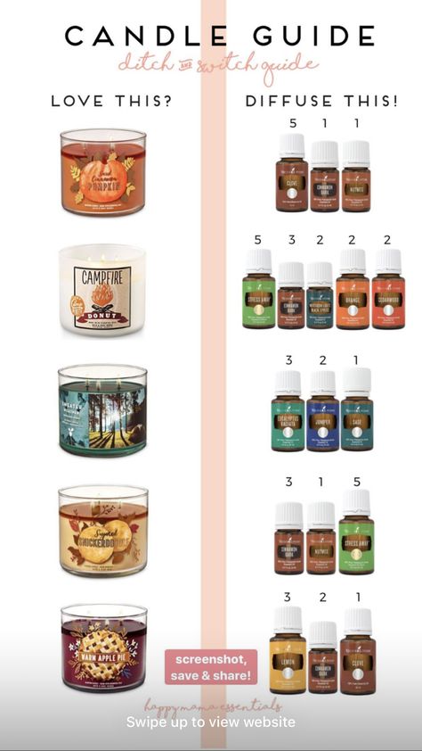 Candle Guide, Fall Essential Oils, Essential Oil Diffuser Blends Recipes, Young Living Essential Oils Recipes, Essential Oils Guide, Essential Oil Diffuser Recipes, Oil Diffuser Recipes, Essential Oil Mixes, Essential Oil Blends Recipes