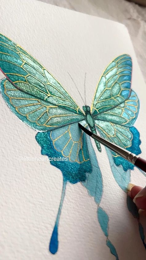 Blue Butterfly Craft, Metallic Watercolor Butterfly, Metalic Painting Ideas On Canvas, Metallic Watercolor Painting Ideas, Watercolor Art Butterfly, Metallic Watercolor Painting, Butterfly Watercolor Painting, Painting Clipart, Watercolour Butterfly