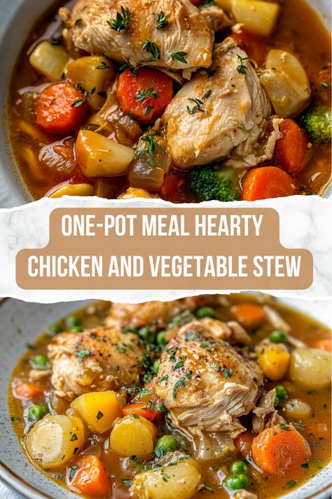 Warm up with a bowl of Chicken and Vegetable Stew, the ultimate comfort food! Packed with tender chicken, hearty vegetables, and a flavorful broth, this one-pot stew is perfect for cozy nights or feeding the family. It's easy to make, filling, and full of nutritious ingredients that will keep you satisfied. A delicious blend of flavors and textures in every bite, this stew will quickly become a family favorite! Chicken And Vegetable Stew, Chicken Vegetable Stew, Chicken Vegetable, Hearty Chicken, Vegetable Stew, Ultimate Comfort Food, Tender Chicken, Vegetable Soup, Chicken And Vegetables