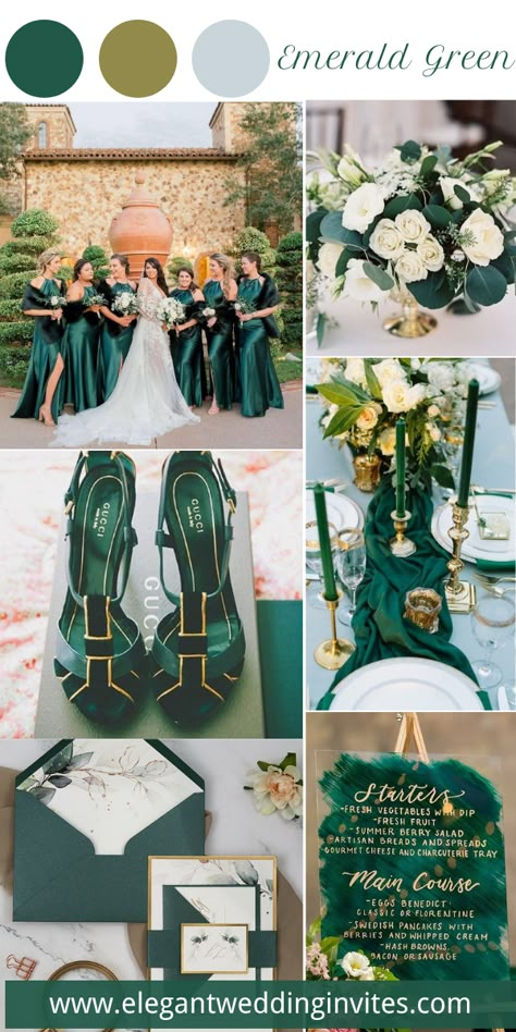 emerald green and white wedding color ideas with a gold hue Green And Gold Wedding, Fall Wedding Color Schemes, Wedding Color Palettes, Best Wedding Colors, Gold Wedding Colors, Green Themed Wedding, Emerald Green Weddings, Green Wedding Colors, White Wedding Shoes