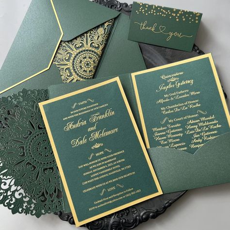 Embossed Jungle Wedding Invitation Suites, Forest Green and Gold Foil Wedding Dark Green And Gold, Emerald Green And Gold Wedding Ideas, Gold And Dark Green Wedding, Wedding Invitations Green And Gold, Forest Green Wedding Invitations, Forest Green And Gold Wedding, Emerald Green Invitation, Green And Gold Wedding Invitations, Green Wedding Invitation Template