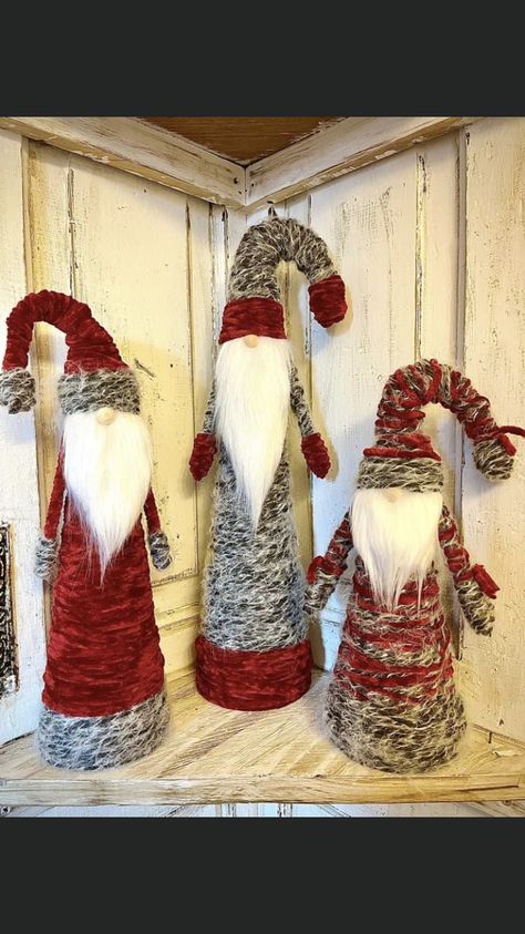 Yarn Glue Ornaments, Thread Cone Crafts, Diy Gnomes With Foam Cone, Cone Santa Craft, Polystyrene Cone Ideas, Gnome Wrapping Ideas, Styrofoam Cone Gnome, Foam Cones Christmas Tree, Yarn Wrapped Trees