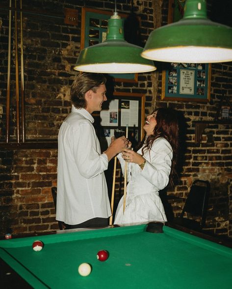 Couple At Bar Photography, Engagement Photos Pool Table, Engagement Photos Dive Bar, Pool Table Photoshoot, Tampa Elopement, Lesbian Engagement Pictures, Bar Engagement Photos, Bar Photoshoot, Retro Engagement Photos