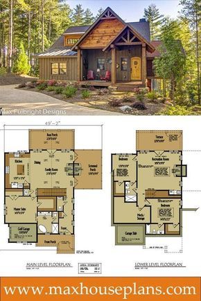 Small rustic cabin design with open floor plan by Max Fulbright. #houseplans Small Cabin Homes, Rustic Cabin Plans, Small Rustic Cabin, Rustic Cabin Design, House Plan With Loft, Rustic House Plans, Cabin Floor Plans, Dream Cabin, Cabin House Plans