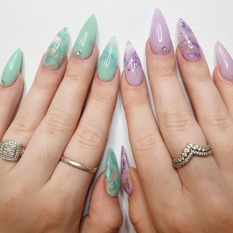 Purple And Green Glitter Nails, Like Green And Purple Nails, Soft Green Nails Acrylic, Mint Green And Purple Nails, Mint Green And Lavender Nails, Sage And Purple Nails, Green And Blue Nail Art, Lavender And Sage Green Nails, Mint And Purple Nails