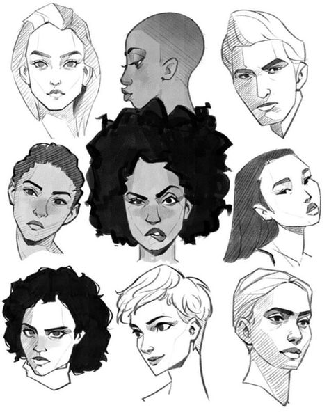 Character Design Heads, Expressive Body Poses, Face Study Reference Drawing, Comic Face Reference, Comics Drawing Style Character Design, Drawing Characters Character Sketches, Cartoon Face Sketch, Art Sketches Hair, Comic Art Style Character Design