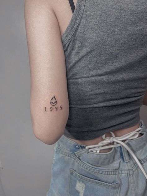 Born Year Tattoo, Fire Sign Tattoos, Calcifer Studio Ghibli, Fire Sign Tattoo, Calcifer Tattoo, Tattoo Fire, Year Tattoo, Studio Ghibli Tattoo, Ghibli Tattoo