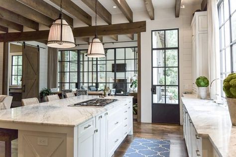 Absolutely dreamy European-style cottage home in woodlands of Georgia Kitchen With Beams, Smart Tiles, Farmhouse Kitchen Cabinets, Kitchen Inspiration Design, Farmhouse Style Kitchen, Modern Farmhouse Kitchens, Large Kitchen, Counter Tops, White Cabinets