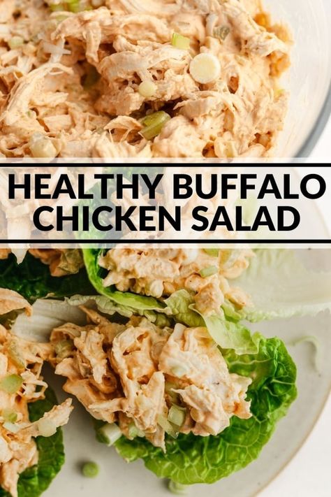 This no-mayo buffalo chicken salad is light thanks to nonfat greek yogurt. It's an easy protein packed entree that's perfect for lunch or meal prep! Mayoless Chicken Salad, Salad Recipes With Chicken Healthy, Buffalo Chicken Greek Yogurt, Cottage Cheese Buffalo Chicken Salad, Chicken Salad Recipe Without Mayo, No Mayo Chicken Salad Recipes, Chicken Salad No Mayo Recipe, Chicken Salad Recipe With Greek Yogurt, Healthy Chicken Salad Recipes