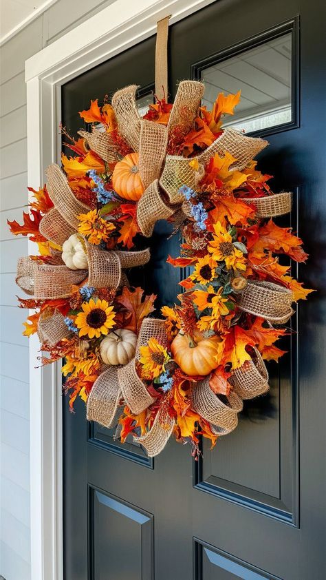 An autumn wreath on your front door sets the tone for the season and welcomes guests with a burst of color and texture. Why It's Great: Wreaths are versatile and can be made from a variety of materials, including leaves, berries, pinecones, and flowers. They are an easy way to update your entryway for the season. Choose a wreath that complements your home's exterior. Hang it on your front door or use it indoors above a mantel for a cohesive look. #autumnwreath #fallwreath #falldecor Diy Fall Wreath Ideas, Thanksgiving Table Decor Ideas, Fall Mesh Wreaths, Fall Decor Diy Crafts, Thanksgiving Table Decor, Autumn Wreaths For Front Door, Fall Floral Arrangements, Table Decor Ideas, Fall Decor Ideas