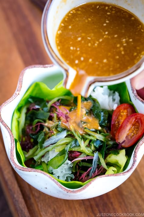 Healthy and refreshing Seaweed Salad served with savory Miso Dressing. This vibrant salad is a delicious change to the usual salads at your dinner table. #misodressing #seaweedsalad | Easy Japanese Recipes at JustOneCookbook.com Japanese Seaweed Salad, Korean Seaweed Salad, Miso Salad Dressing Recipe, Japanese Dressing For Salad, Seaweed Salad Recipe, Japanese Salad Dressing Recipe, Yakimeshi Recipe, Salad With Miso Dressing, Miso Dressing Recipe