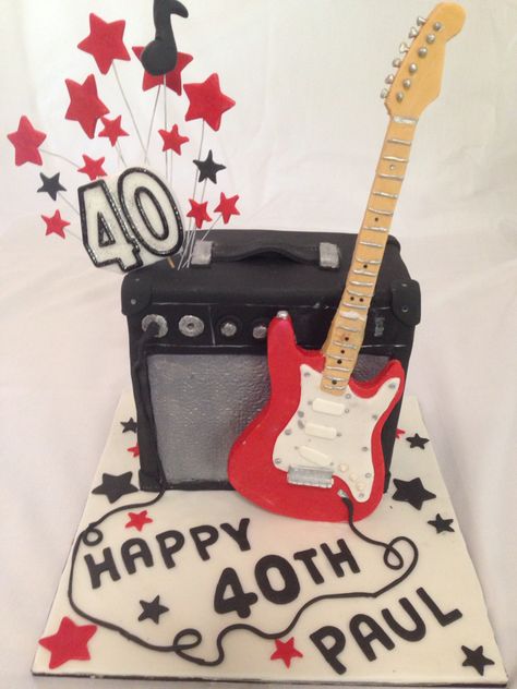 Guitar and amp 40th birthday cake. Rock N Roll Cake, Guitar Cakes, Guitar And Amp, 40th Birthday Cake, Music Cake, Guitar Cake, Rock Cake, Bass Guitarist, 40th Birthday Cakes