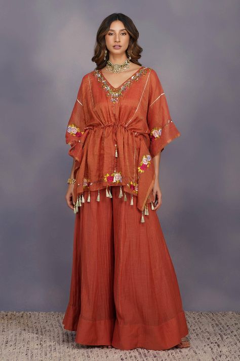 Buy Maroon Tissue Chanderi Embroidery V Neck Kaftan And Sharara For Women by Devyani Mehrotra Online at Aza Fashions. Toffee Rose, Sharara Pants, Floral Work, Rose Fabric, Cotton Slip, Smart Outfit, Sharara Set, Indian Fashion Designers, Designer Dresses Indian