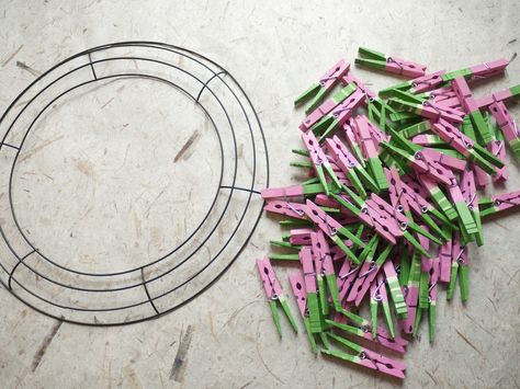 Clothespin Watermelon Wreath | A.I.Friedman's Blog June Decorations, Acorn Ideas, Metal Wreath Ring, Watermelon Diy, Light Green Paint, Watermelon Wreath, Wooden Clothespin Crafts, Clothespin Wreath, Clothespin Art