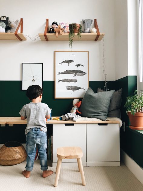 Small Home Tours (Mini): Stephanie's Beautiful Kids Room with Ikea Hack Play Bench — 600sqftandababy Childers Room Ikea, Ikea Hack Kids Storage, Ikea Storage Office, Ikea Nordli Desk Hack, Boy Room With Storage, Kids Room Rugs Boys, Half Painted Accent Wall, Ikea Storage Kids Room, Playroom Ikea Hacks