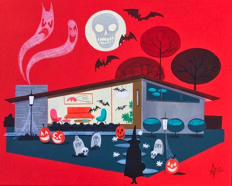 Vintage Halloween Aesthetic, Sleek Architecture, Vintage Scifi, Painting Classic, Scifi Art, Mcm Art, Retro Artwork, Spooky Town, Mid Century Illustration