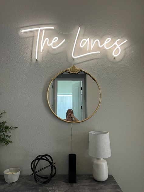 Neon Signs Over Mirror, Mirror Neon Sign, Home Reno, Name Signs, Neon Sign, Lighted Bathroom Mirror, Bathroom Mirror, Family Room, Entryway