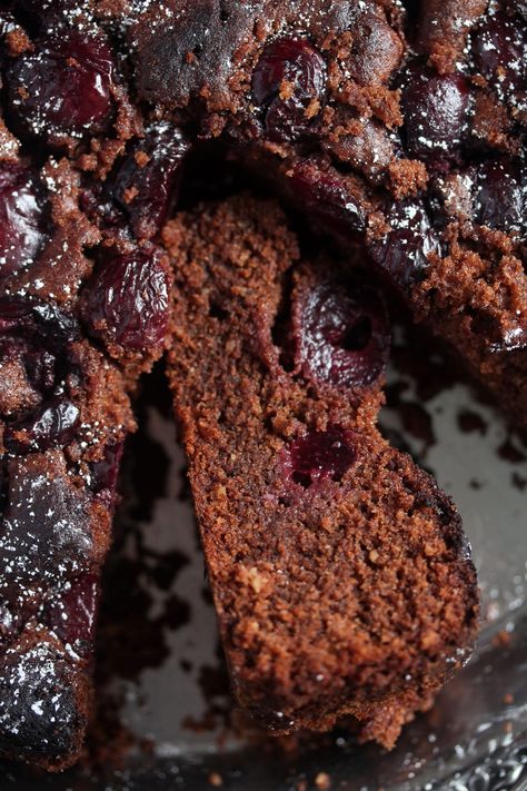 Tender cherry chocolate cake, a fluffy chocolatey cake spiked with cherries. An easy cake recipe made with melted dark chocolate and fresh, frozen, or canned cherries. #whereismyspoon #cherrycake #chocolatecherrycake #cherrychocolatecake #chocolatecherry #chocolatecake #chocolaterecipe #cherryrecipes #freshcherries #bakingcake #bakingrecipes #chocolatebaking Chocolate Cake With Cherries On Top, Recipes Using Frozen Dark Sweet Cherries, Frozen Dark Sweet Cherry Recipes, Dark Chocolate Cherry Cake, Dark Morello Cherry Recipes, Cherry Chocolate Desserts, Chocolate And Cherry Cake, Morello Cherry Recipes, Frozen Cherry Recipes