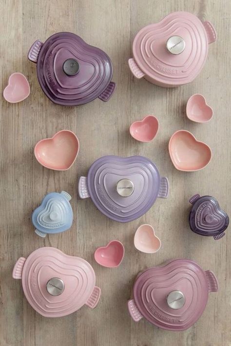 Le Creuset Heart, Pastel Kitchen, Pink Kitchen, Cute Kitchen, Le Creuset, Dream House Decor, Kitchen Items, Kitchen Stuff, Pink And Purple