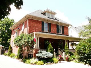 Brick "Four Square" Unionville, Ontario, Canada | Flickr - Photo Sharing! Unionville Ontario, American Four Square House, Light Posts, Large Front Porch, Hipped Roof, Brick Farmhouse, Dormer Window, Four Square Homes, American Foursquare