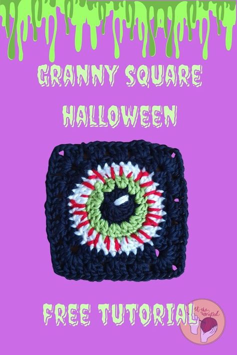 granny square eye ball free pattern crochet Eyeball Granny Square, Eyeball Crochet, Halloween Granny Square, Crochet Eyeball, Triangle Shawl Crochet Pattern Free, Crochet Triangle Shawl Pattern, Square Sweater, Square Crochet Pattern, Granny Pattern