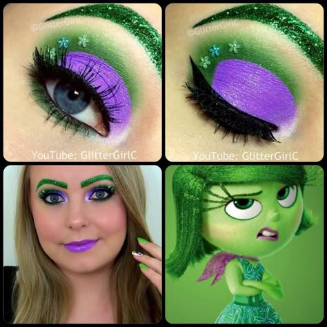 Inside out Disgust Makeup Look Inside Out Inspired Makeup, Disgust Inside Out Makeup, Disgust Inside Out Costume, Disgust Makeup, Inside Out Makeup, Disgust Costume, Disney Eye, Inside Out Disgust, Disney Eye Makeup