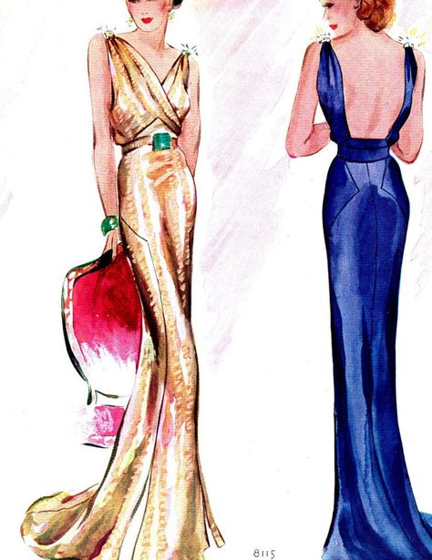 Vintage 1935 McCall's Magazine Advertisements by JazziesJunque Fashion Model Sketch, Vintage Evening Gowns, Patron Vintage, Fashion Illustration Vintage, 30s Fashion, Vintage Dress Patterns, Vintage Gowns, 1930s Fashion, Vintage Couture