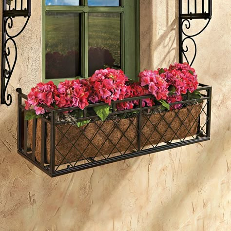 Dress up a spot for seasonal greenery or create a mini-garden almost anywhere with this planter boxes that add Old World grace and timeless, European style to windows and decks! Like those seen along Parisian streets and charming English villages, this Design Toscano unique almost yard-long window boxes are crafted in a durable, rust-resistant, powder-coated, lustrous chocolate brown finish. Create your own lush and lovely living focal points with this spectacular Design Toscano exclusives. Wrought Iron Window Boxes, Metal Window Boxes, Wood Window Boxes, Window Planter, Plant Window, Window Box Flowers, Window Planters, Iron Windows, Window Planter Boxes