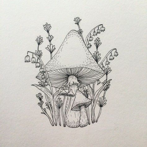 Cool Mushrooms Drawings, Mushroom And Flowers Tattoo Sleeve, Unique Mushroom Drawing, Mushroom Garden Drawing, Mushroom Art Drawing Sketch, Goblincore Tattoo, Mushroom Line Art, Mushroom Sketch, Cute Coloring Page