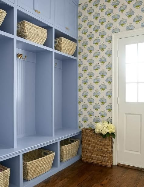 Beadboard Trim, Amy Berry, Transitional Laundry Room, Mudroom Lockers, Blue Periwinkle, Mudroom Laundry Room, Mudroom Ideas, Brass Hooks, Mudroom Design