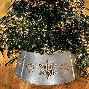 WKHOMEDECO 27" Galvanized Christmas Tree Collar with String Lights, Snowflake Diecut Metal Christmas Tree Collars for Artificial Trees, Beautiful Metal Tree Collar Decorates Your Home for the Holidays Galvanized Christmas Tree, Christmas Tree Collars, Metal Tree Collar, Christmas Tree In Basket, Christmas Tree Ring, Christmas Tree Collar, Christmas Tree Base, Trees Beautiful, Farmhouse Christmas Ornaments