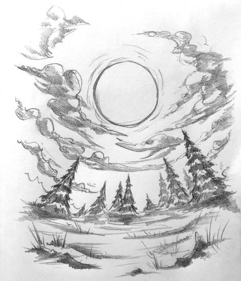 Drawing Sketches Nature, Nature Drawings Simple Sketch Landscape, Inspo Sketch, Forest Sketch, Landscape Pencil Drawings, Drawing Scenery, Seni Vintage, Nature Art Drawings, Nature Sketch