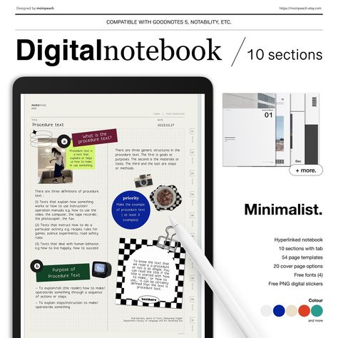 This Digital Notebook works on a PDF annotation app and designed to be used on iPad or tablet device. Recomended apps are GoodNotes and Notability.   Use Apple Pencil or iPad Pencil to make it easier to use the Digital Notebook. Don't forget the read mode when use the hyperlink Why you need this notebook? - It's a new template design created by moinpeach - It has a minimalist and trendy notebook design, beige and blue theme paper (retro style) - You can choose the page template you want to use ( Notebook Templates, Buch Design, Digital Notebook, Creative Fonts, Digital Notebooks, Digital Book, Handwriting Fonts, Notebook Design, Bullet Journal Ideas Pages