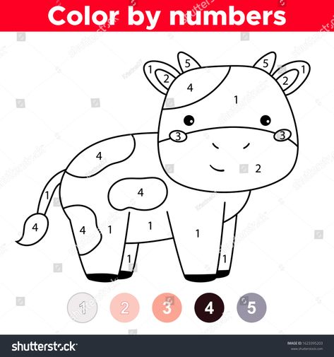 Coloring book for preschool children. Cartoon kawaii character - cow. Farm animals. Number coloring page. Educational game. #Ad , #Sponsored, #Cartoon#kawaii#character#children Color By Number Farm Animals, Color By Number For Kids, Number For Kids, Printable Cow, Color By Number Printable, Cow Colour, Cartoon Kawaii, Cow Farm, Children Cartoon