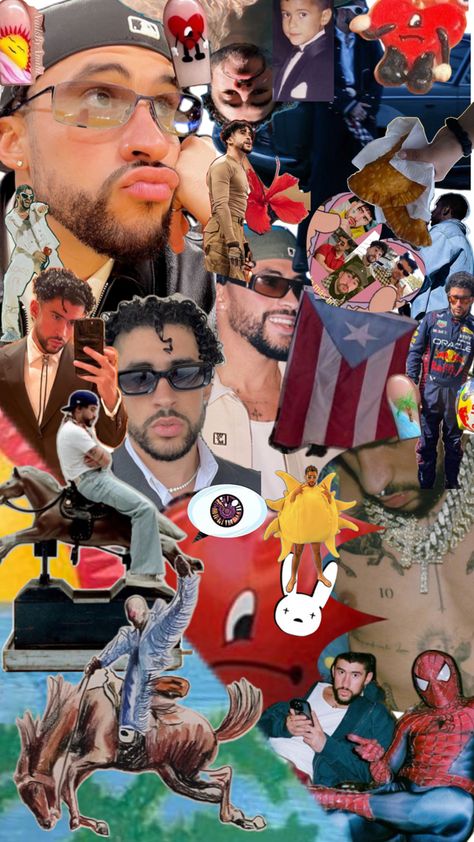 Bad Bunny Collage Wallpaper, Bad Bunny Pictures, Bad Bunny Wallpaper, Bad Bunny Aesthetic, Bunny Collage, Hispanic Aesthetic, Bunny Poster, Bunny Wallpaper, Bunny Pictures