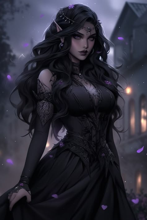 Elf Witch Female, Elf Witch Art, Dnd High Elf Female, Unseelie Fae Aesthetic, Dark Elf Woman, Elves Female Beautiful, Elven Aesthetic, Goth Elf, Female Drow