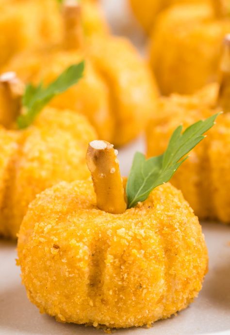 Mini Pumpkin Cheese Balls - Together as Family Pumpkin Cheese Balls, Halloween Cheese Ball, Cheese Ball Recipes Easy, Cheese Ball Bites, Pumpkin Balls, Cream Cheese Ball, Best Appetizer, Holiday Cheese, Cheese Pumpkin