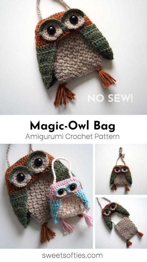 Sweet Softies: Magic-Owl Bag · Crochet Pattern Owl Bag Crochet, Animal Bag Pattern, Crocheted Owls, Cozy Hobbies, Crochet Pets, Start Crocheting, Yarn Scraps, Owl Crochet, Double Crochet Decrease