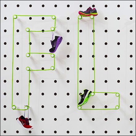 Oversize Pegboard FLEX Outline Shoe Promotion Pegboard Shoe, Oversized Pegboard, Hip Hop Birthday Party, Hip Hop Birthday, Pegboard Display, Sneaker Displays, Office Signage, Visual Merchandiser, Display Retail