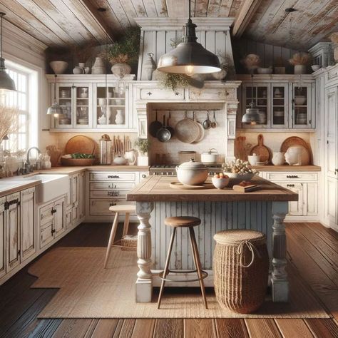 Country Cottage Kitchen Cabinets, Country Kitchen Counter Decor Ideas, Country Cottage Kitchen Ideas, Rustic White Kitchen, Warm Cozy Kitchen, White Rustic Kitchen, Rustic Farmhouse Kitchen Island, Rustic French Country Kitchen, English Farmhouse Kitchen