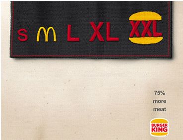 COMPARATIVE AD - This is comparing MCDondalds to Burger King - claiming that burger king has 75% more meat. I feel that burger king does use more meat and they way they showed it was creative but doesn't have the facts besides their own word to prove it. Clever Ads, King Do, 광고 디자인, Ad Creative, Illusion Art, Print Advertising, Creative Ads, Ads Creative, Print Magazine