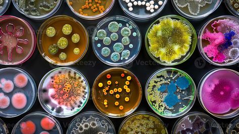 A diverse array of colorful bacteria cultures in Petri dishes. Microbial samples in various forms. Concept of microbiology, laboratory research, scientific studies, biological diversity Petri Dishes Bacteria, Bacteria In Petri Dish, Petri Dish Bacteria, Mold Photography, Microbiology Laboratory, Petri Dish Art, Decay Art, Dish Art, Biological Diversity