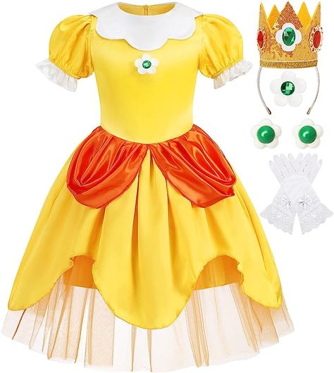 Oskiner Princess Peach Costume for Girls,Super Brothers Princess Peach Dress for Kids Cosplay Halloween Party Dress Up Princess Daisy Costume, Yellow Princess Dress, Princess Peach Dress, Daisy Costume, Princess Peach Costume, Wednesday Addams Dress, Addams Dress, Peach Costume, Yellow Long Dress