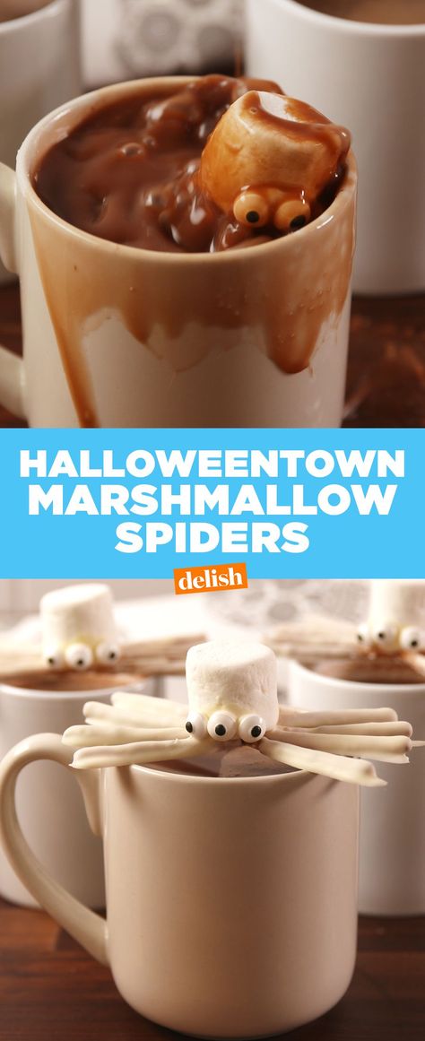 Halloweentown Marshmallow SpidersDelish Spider Food, Halloween Town Movie, Geek Food, Yummy Fall Recipes, Halloween Party Dinner, Themed Food, Movie Snacks, Hot Chocolate Marshmallows, Recipes With Marshmallows