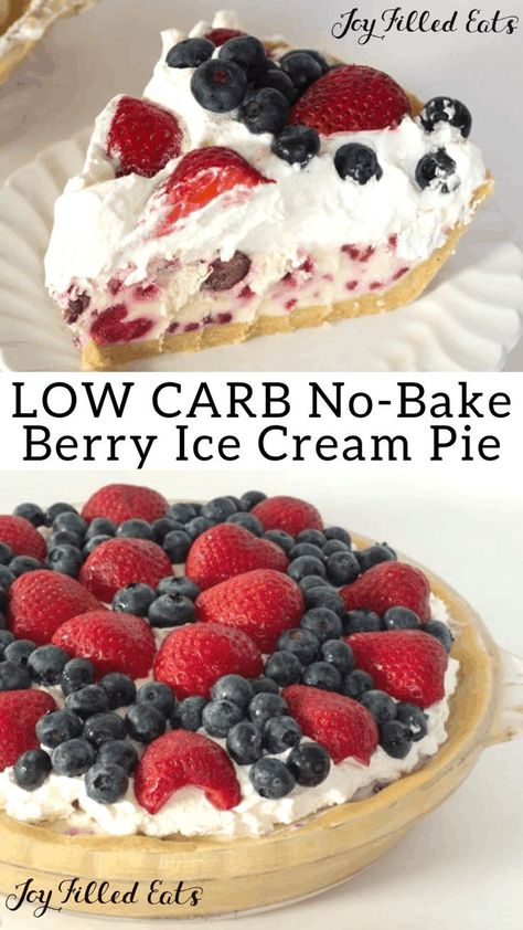 Low Carb Berry Ice Cream Pie - Sugar-Free, Grain-Free, Gluten-Free, Keto Friendly. No ice cream machine option! Here is your new no bake dessert! Great for 4th of July, Memorial Day, Labor Day, or any other day of the year. | Healthy Berry Dessert Recipes #ketorecipes #ketodiet #thm #trimhealthymama #glutenfree #grainfree #glutenfreerecipes #recipes #desserts #dessertrecipes #ketodessert #lowcarbdessert #redwhiteandblue #4thofjuly #laborday #memorialday #icecream #american #nobake Easy Cream Pie, Berry Ice Cream, Ice Cream Pie, Cream Ice Cream, Thm Desserts, Keto Ice Cream, Ice Cream Pies, Low Carb Sweets, Bake Dessert