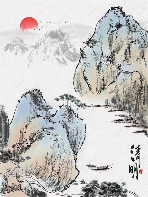 original landscape chinese style traditional chinese painting freehand ink qingming artistic conce Chinese Painting Traditional, Chinese Boat, Chinese Traditional Art, Yuki Onna, Boat Illustration, Chinese Illustration, Traditional Chinese Art, Note Writing Paper, Chinese Landscape Painting