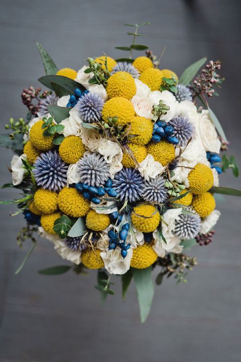 The perfect navy & yellow wedding bouquet with thistle & billy balls | Classic New London Connecticut Wedding With Spring Rains In Navy & Yellow | Photograph by Robyn Blasi Photography  http://storyboardwedding.com/classic-new-london-connecticut-wedding/ Billy Ball Arrangements, Billy Balls Bouquet, Billy Balls Wedding, Wedding Colors Yellow, Yellow Wedding Bouquet, White Spray Roses, Bridal Bouquet Blue, Billy Balls, Billy Buttons